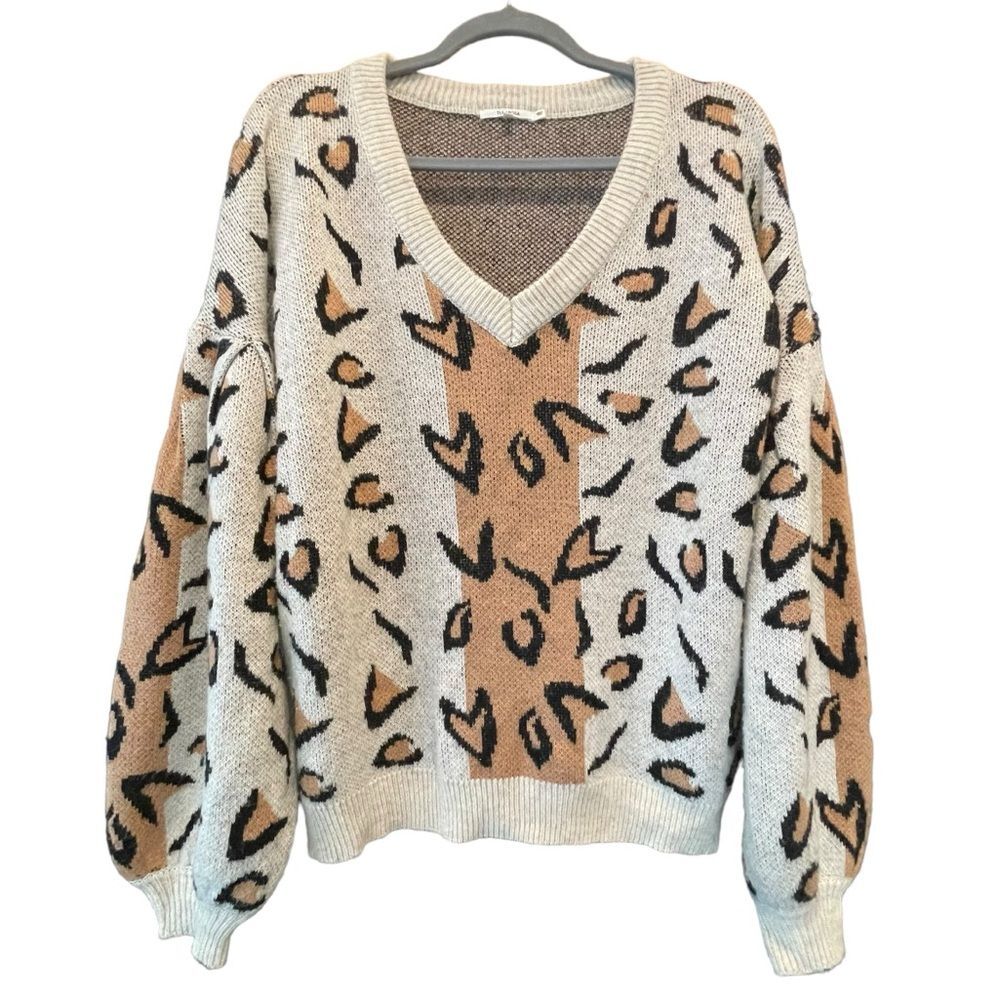 Tularosa Knit Leopard Cheetah Print Sweater Balloon Sleeve V-neck Tan Beige Size